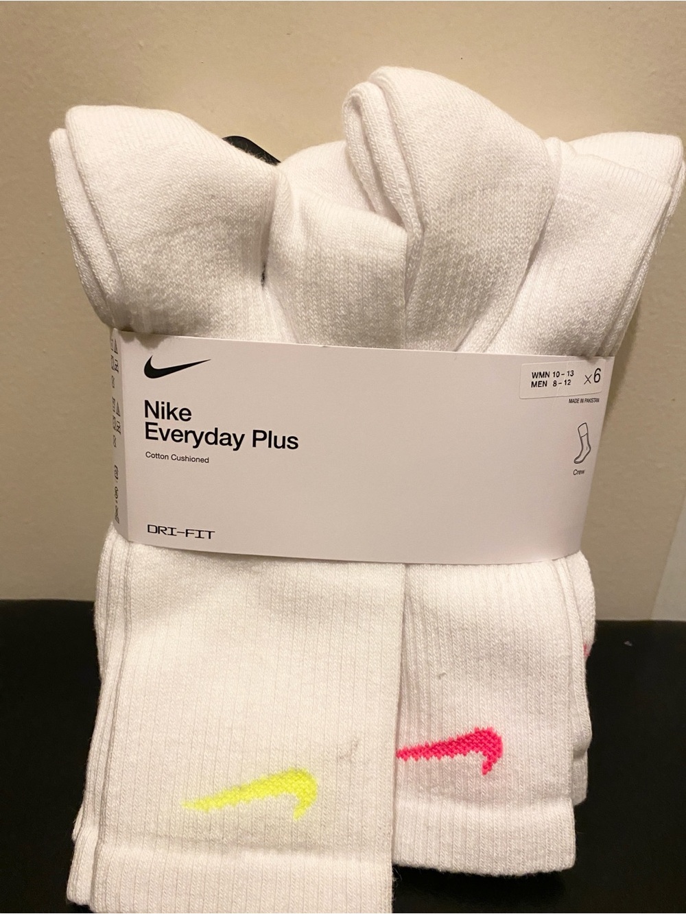 Nike White Athletic Crew Socks with Neon Swooshes - Pack of 6 (C1)
